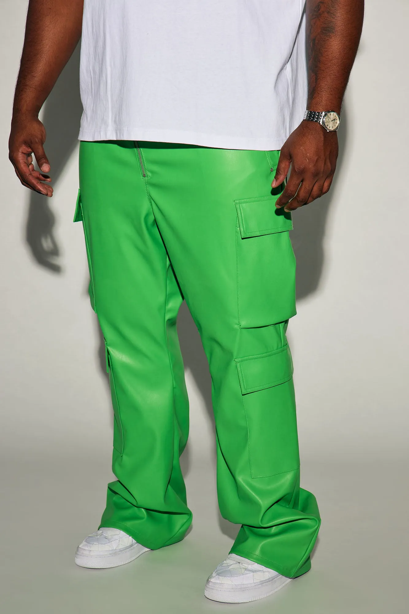 Alisos Faux Leather Slim Flare Cargo Pants - Green