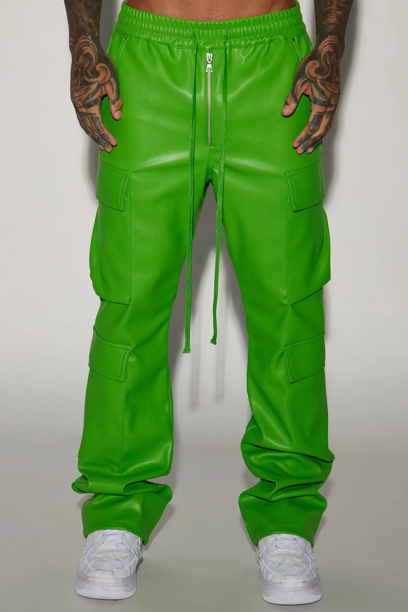 Alisos Faux Leather Slim Flare Cargo Pants - Green