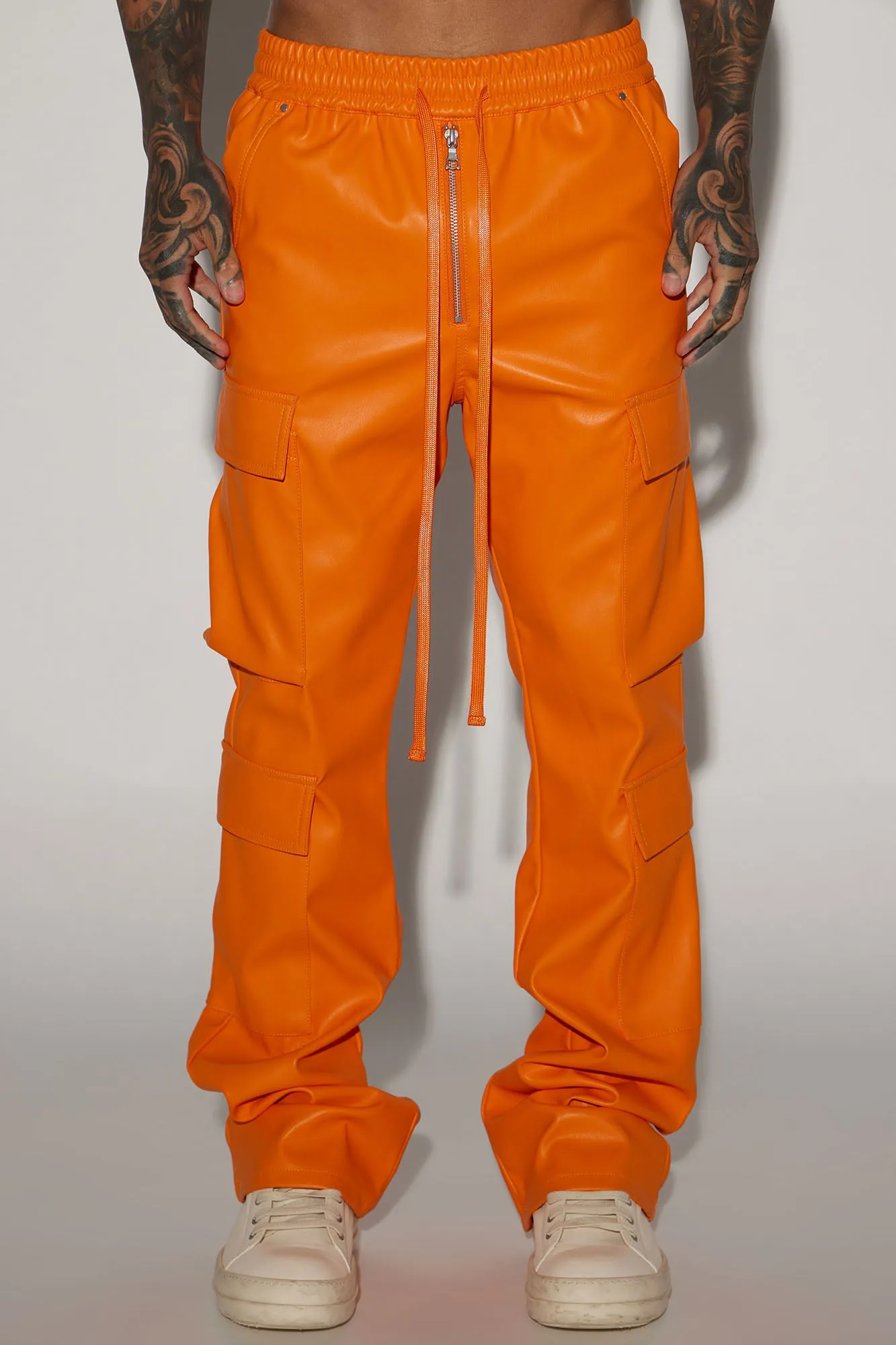 Alisos Faux Leather Slim Flare Cargo Pants - Orange