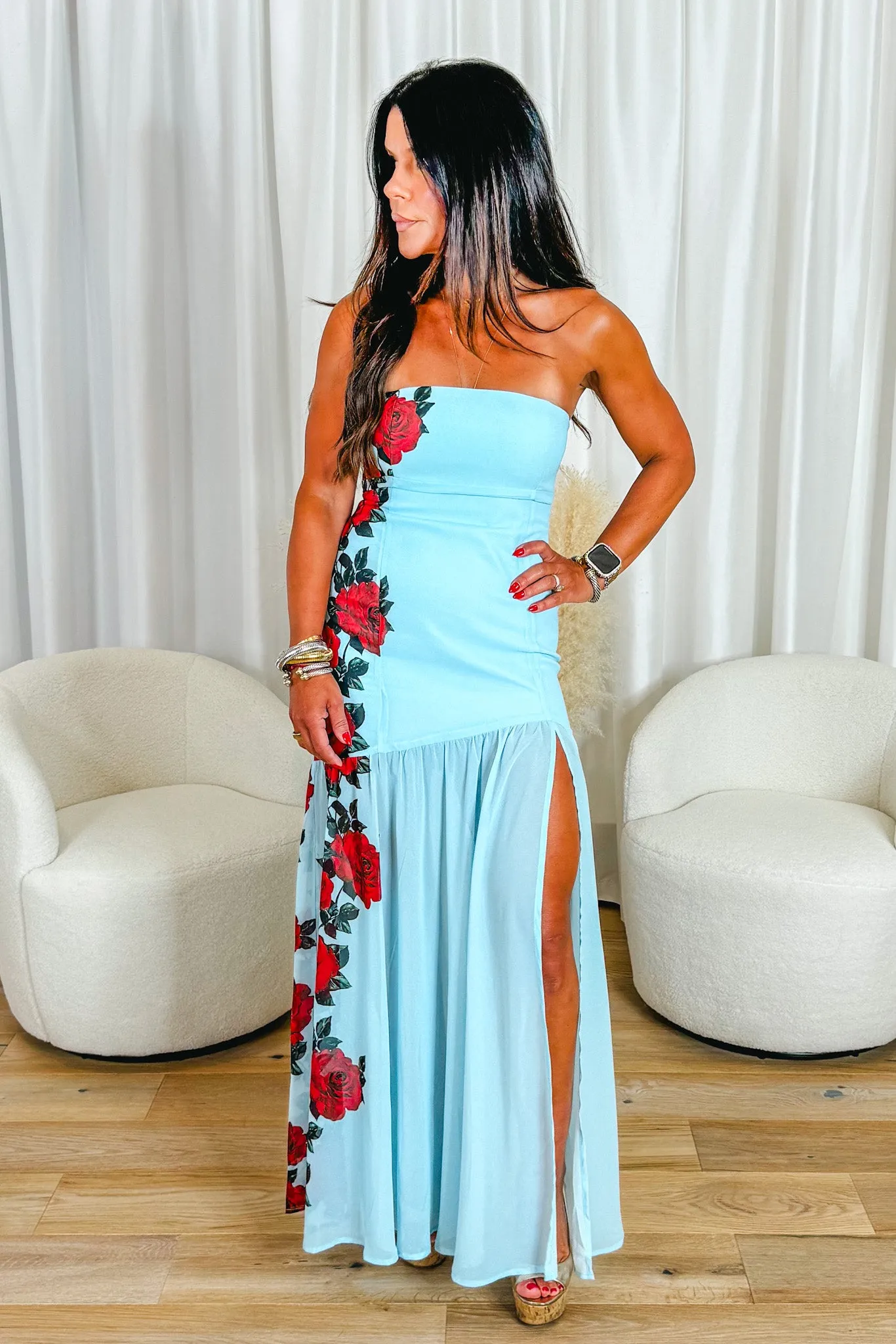 Andie Red Rose Strapless Maxi Dress