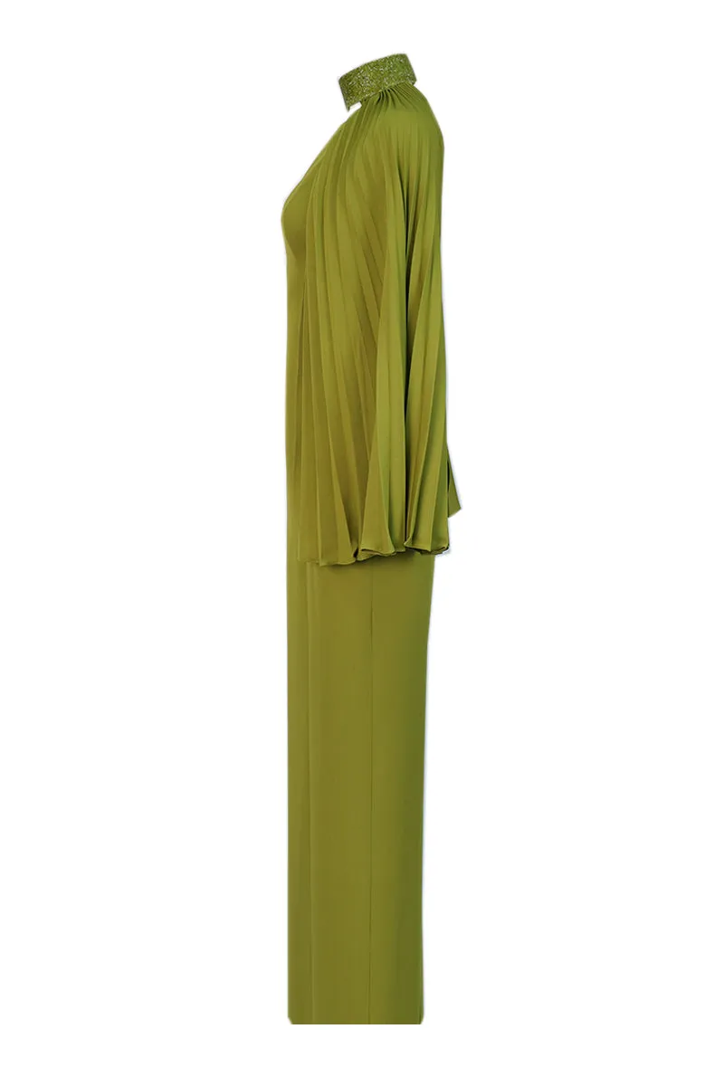 ANIS PLEATED DETACHABLE CAPE MAXI DRESS