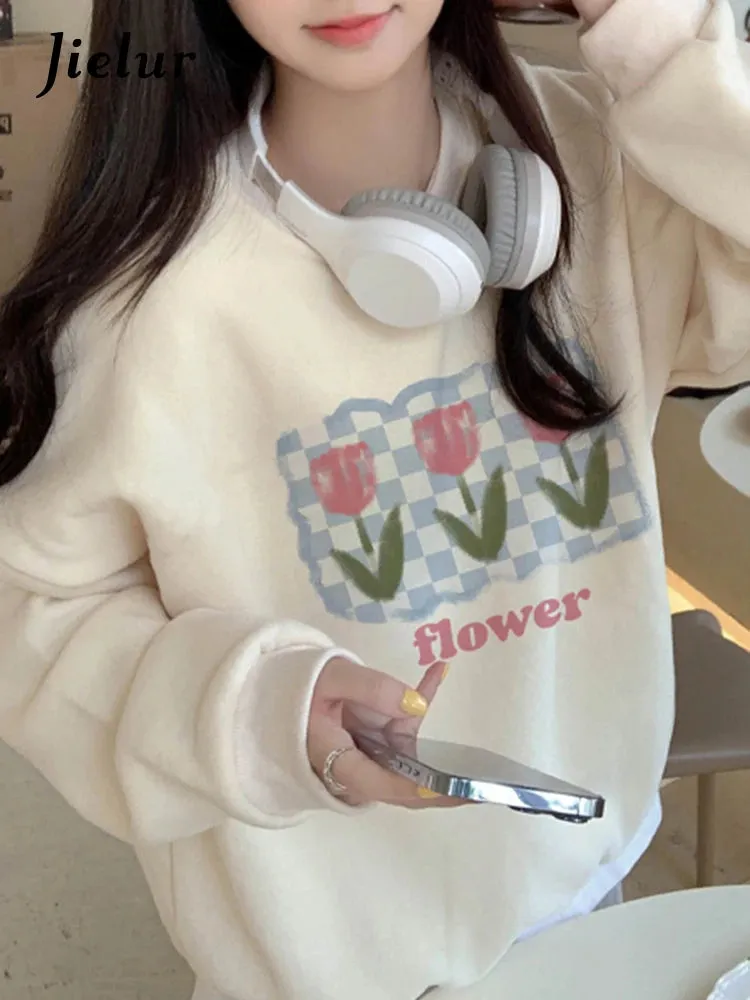 Apricot Sweet Simple Female Sweatshirts Pullover Casual Loose O-neck Basic Women's Hoodies Winter Fashion Office Ladies