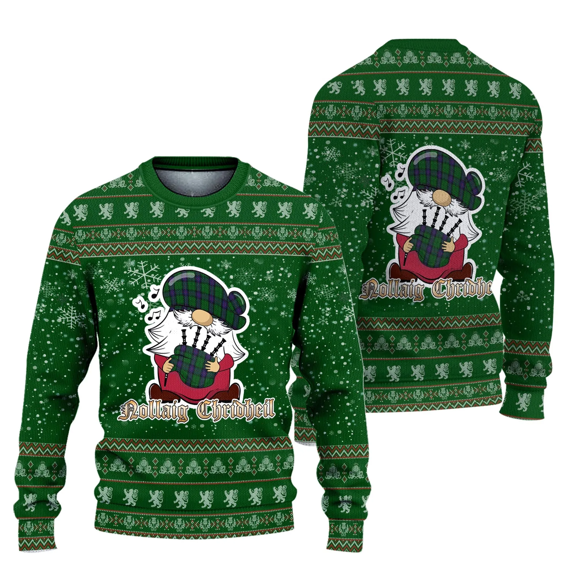 Armstrong Clan Christmas Family Ugly Sweater with Funny Gnome Playing Bagpipes