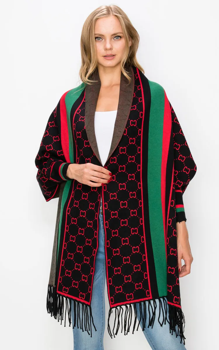 AV422 Mixed Pattern Sleeve Cape Shawl with Fringe