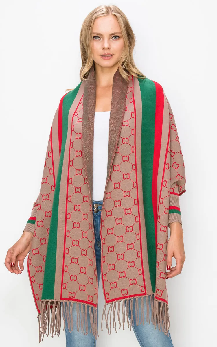 AV422 Mixed Pattern Sleeve Cape Shawl with Fringe