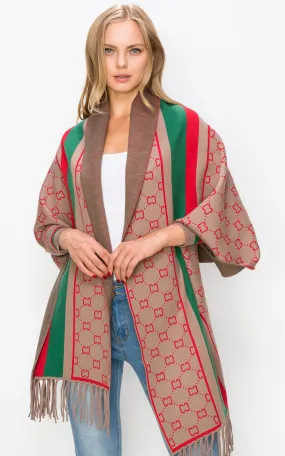 AV422 Mixed Pattern Sleeve Cape Shawl with Fringe