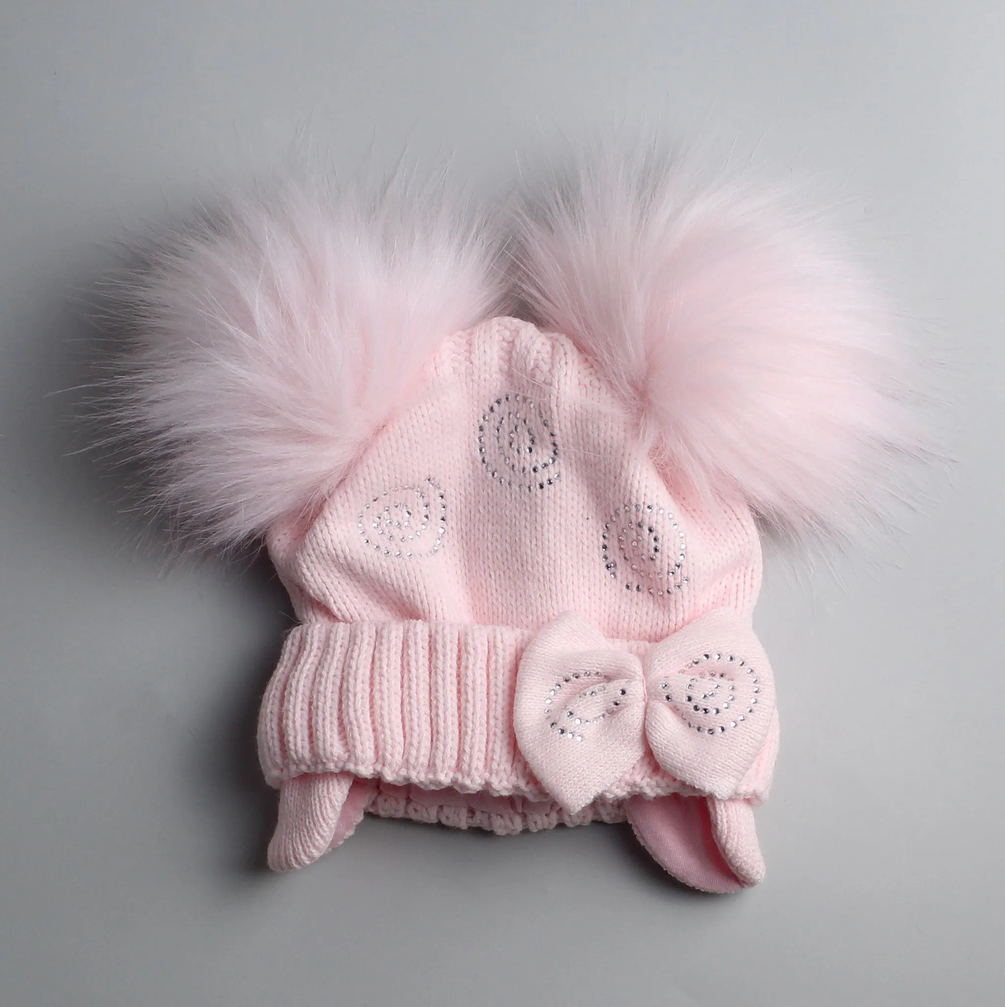 Baby Girls Pink Double Fur Pom Knitted Hat - Whirlwind