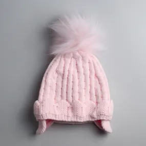 Baby Girls Pink Fur Pom Knitted Hat- Princess