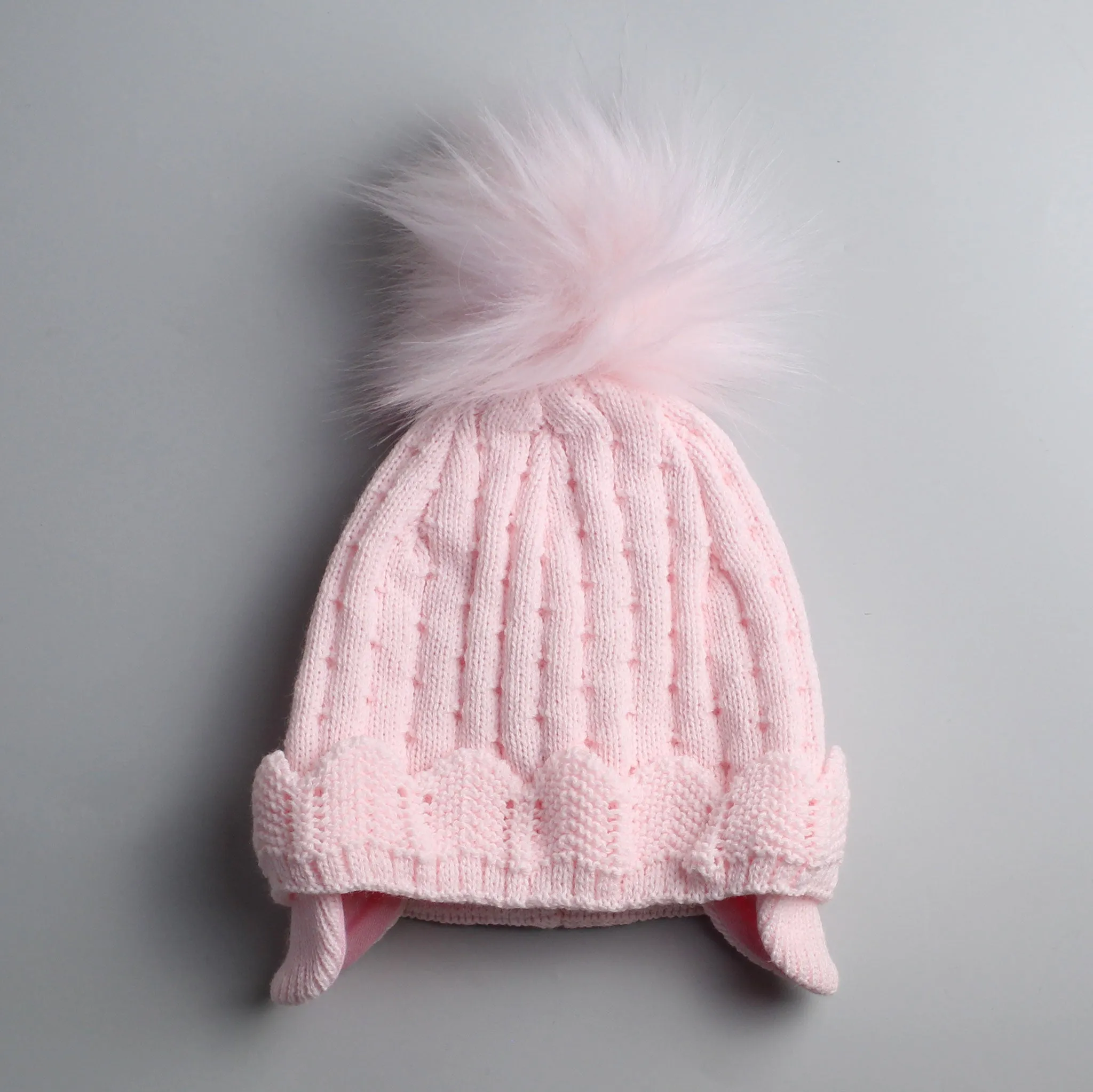 Baby Girls Pink Fur Pom Knitted Hat- Princess