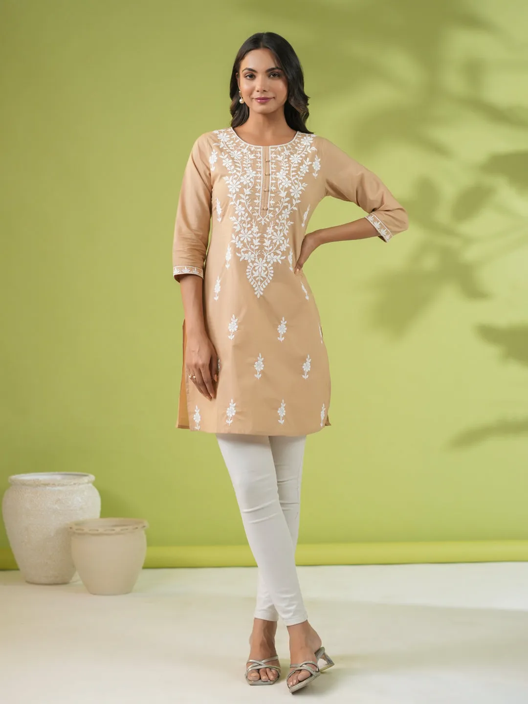 Beige Cotton Chikankari Tunic