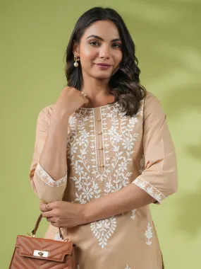 Beige Cotton Chikankari Tunic