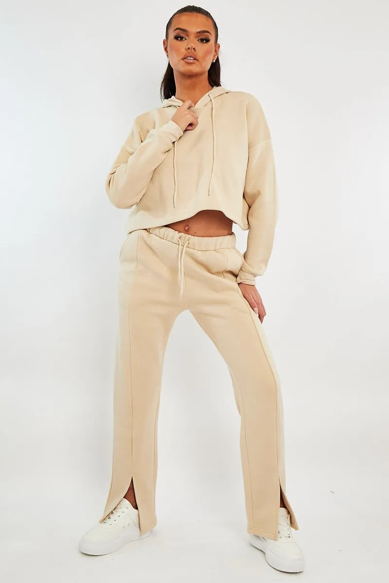 Beige Front Split Wide Leg Joggers - Jenise