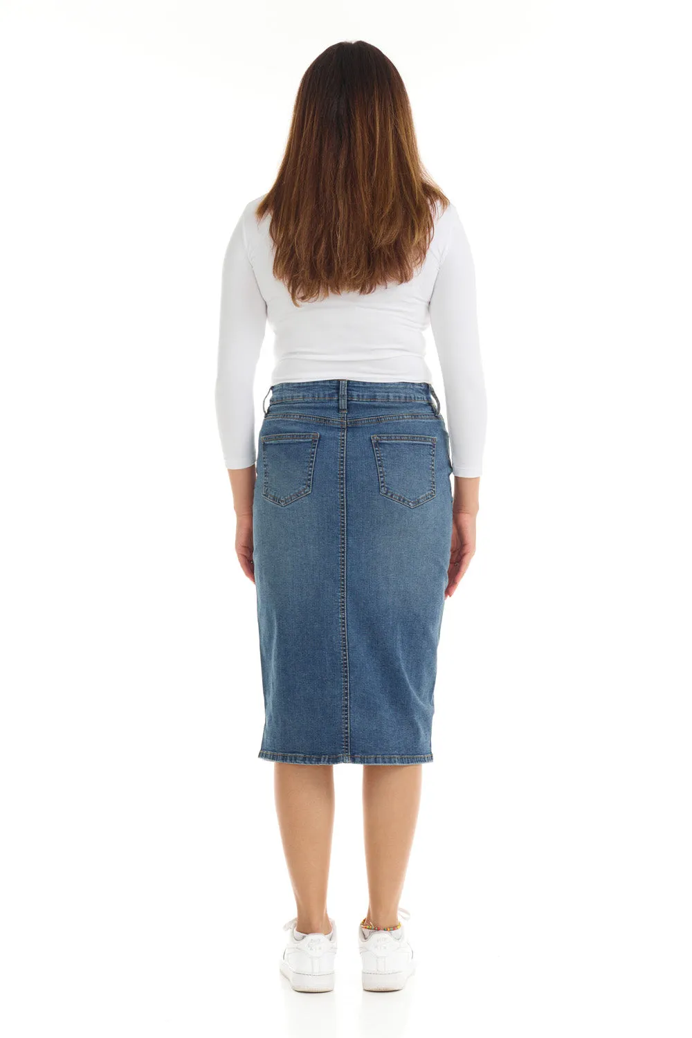 Below knee length midi jean skirt 'Milan'