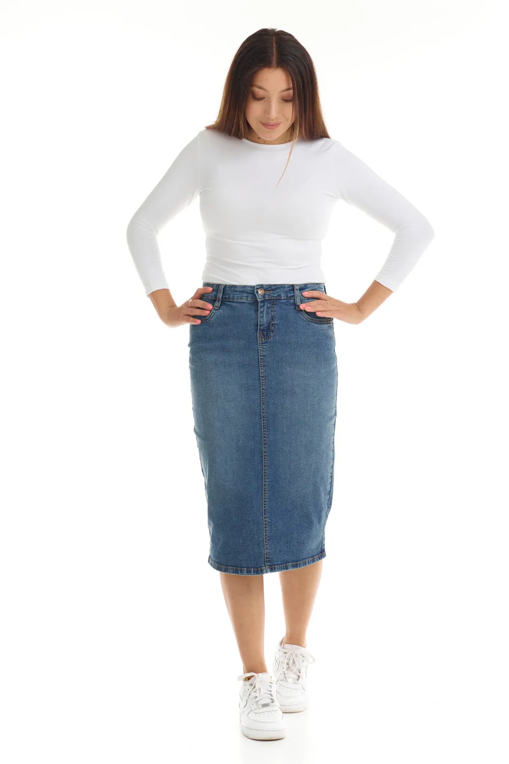 Below knee length midi jean skirt 'Milan'