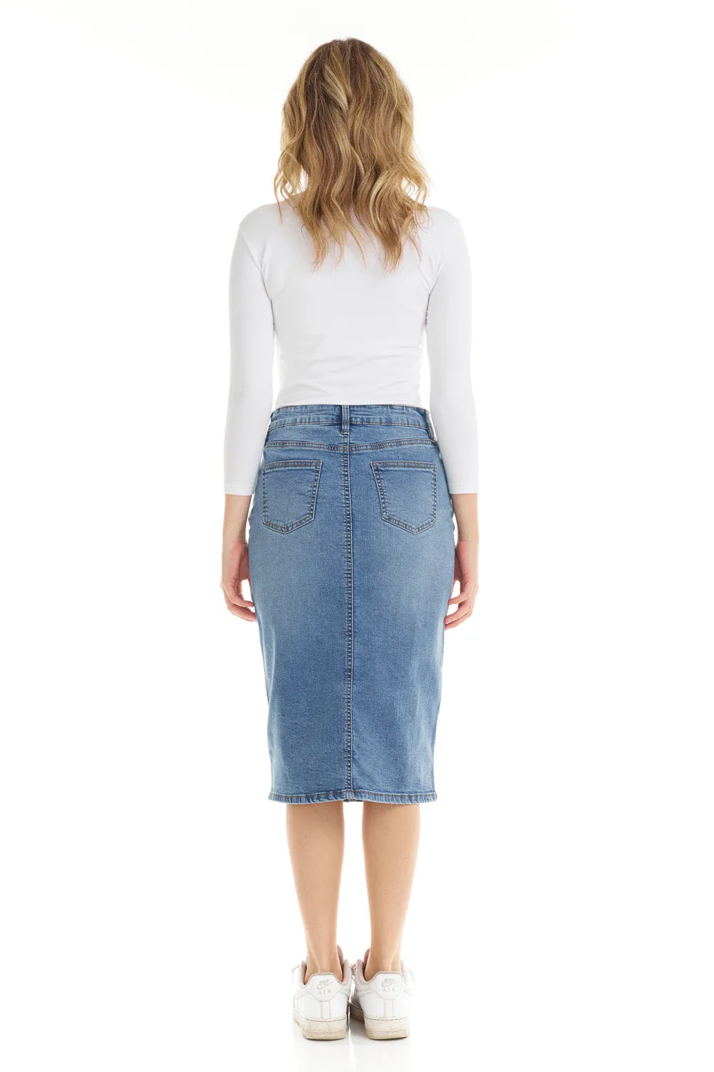 Below knee length midi jean skirt 'Milan'