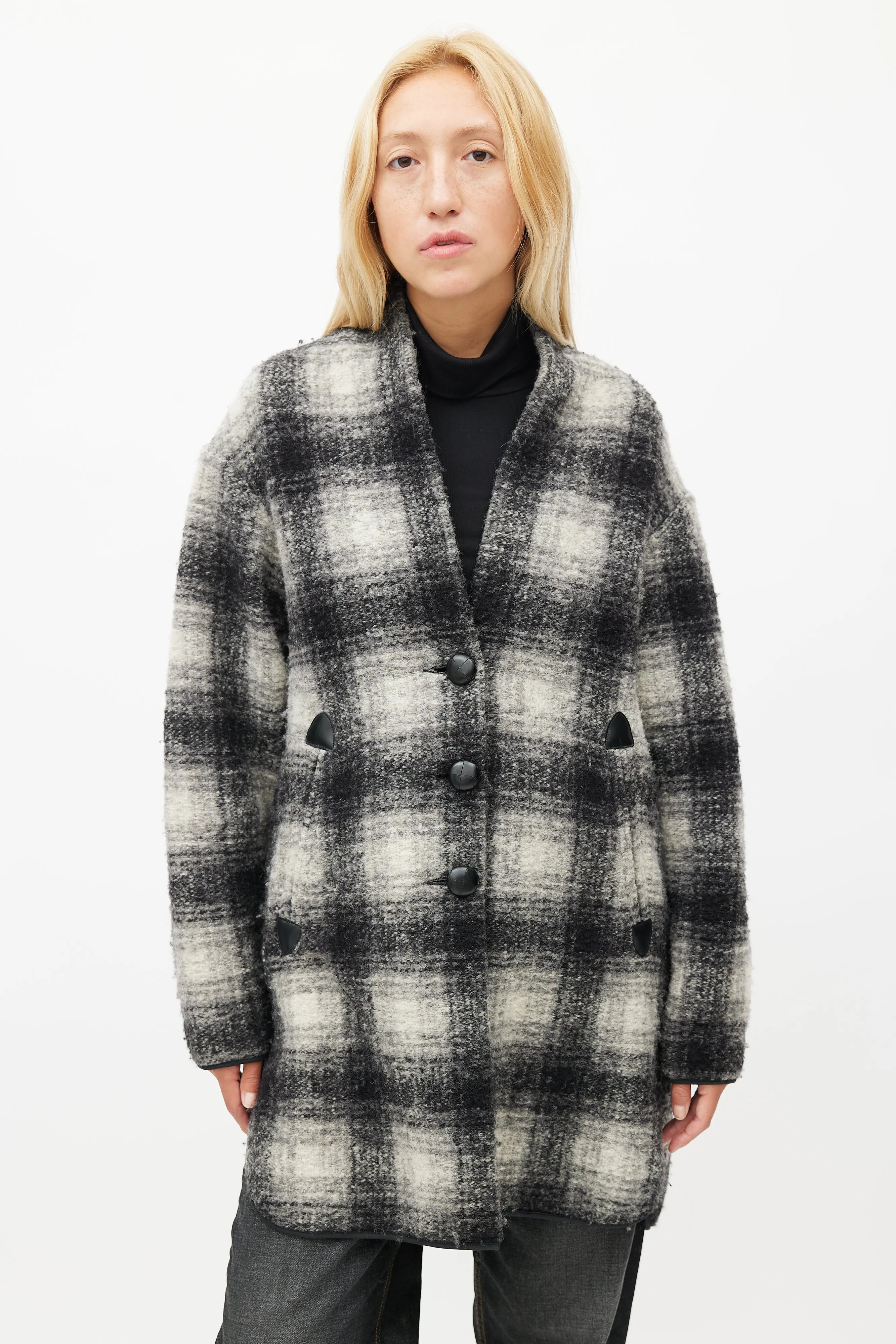 Black & White Plaid Wool Coat