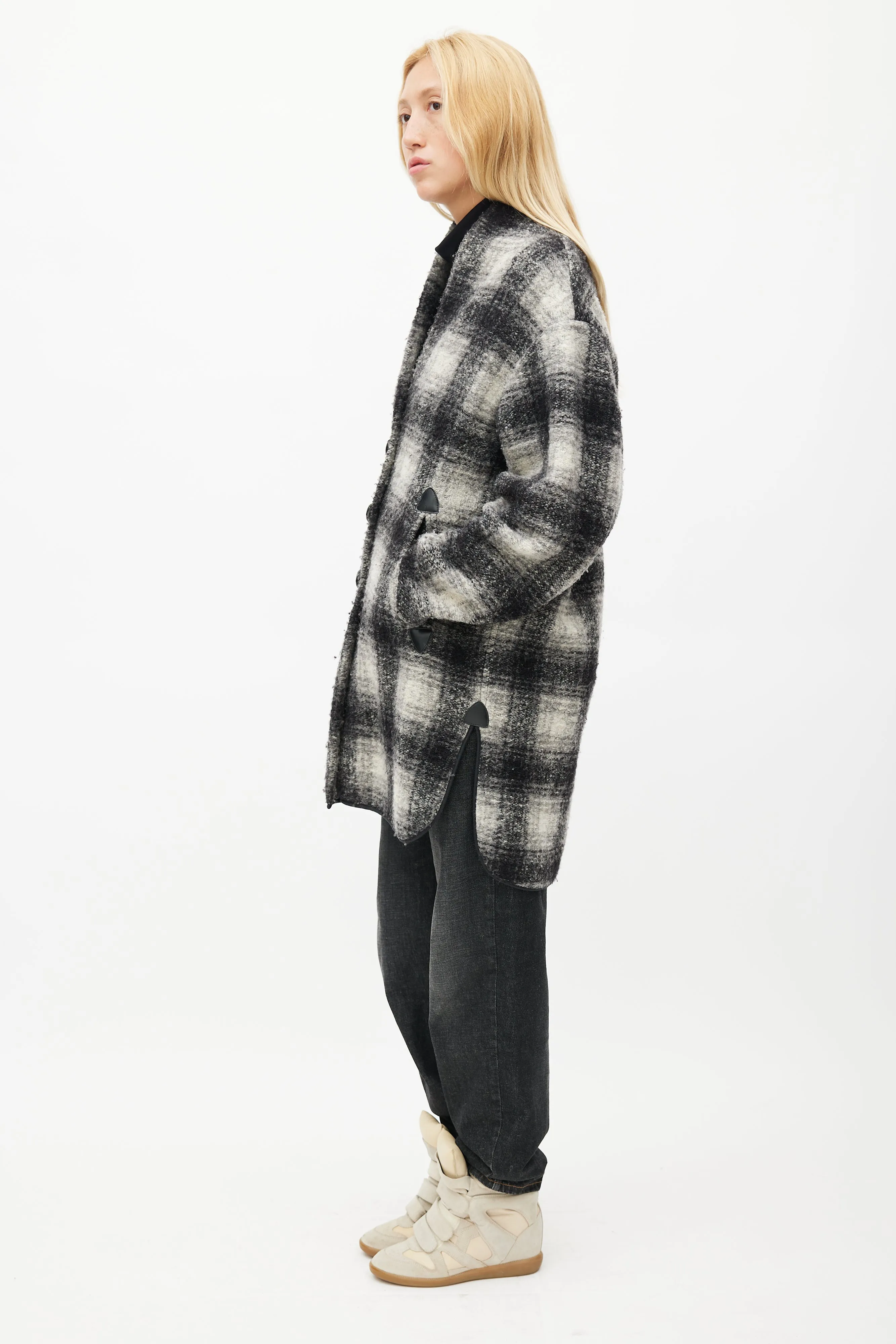 Black & White Plaid Wool Coat