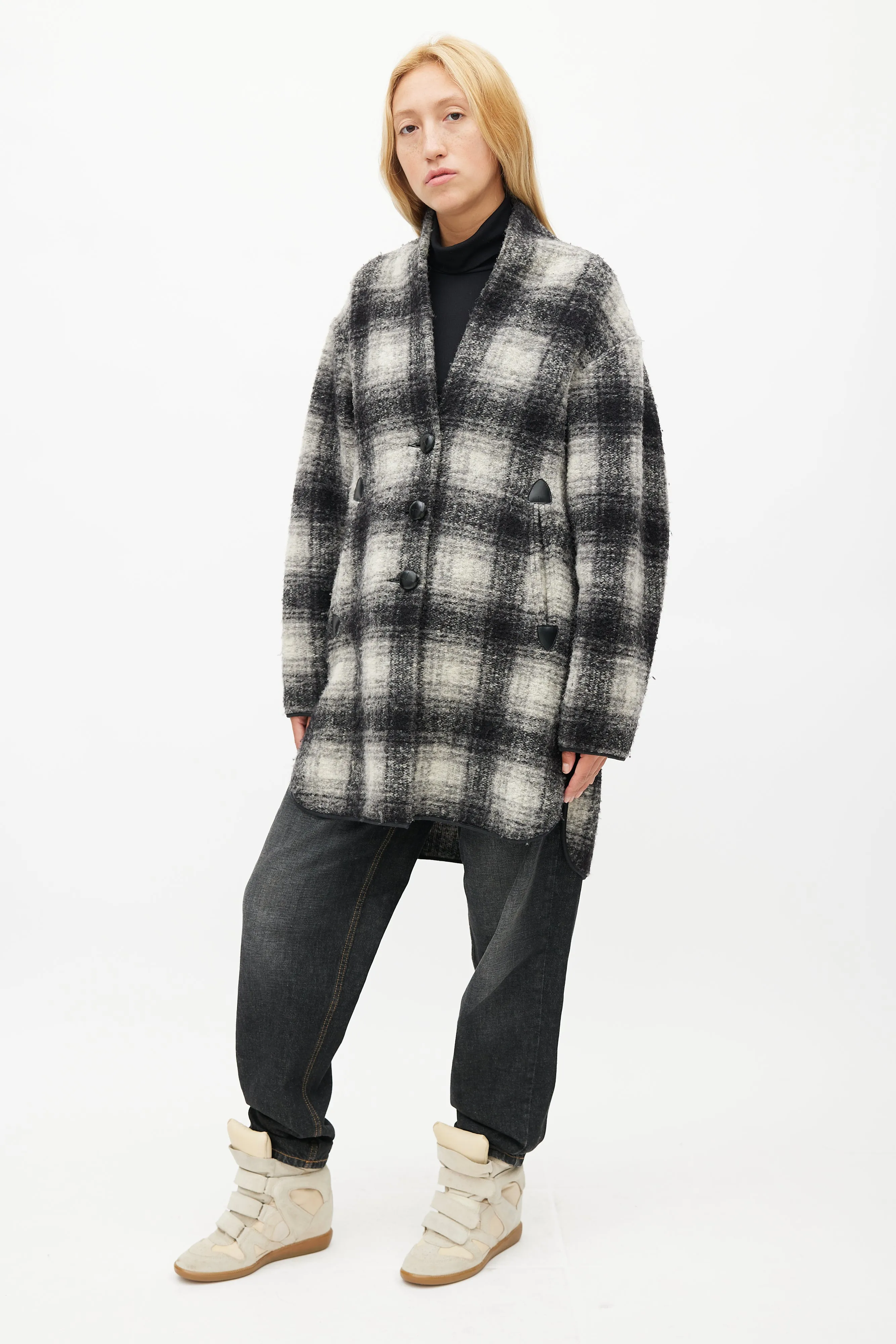 Black & White Plaid Wool Coat