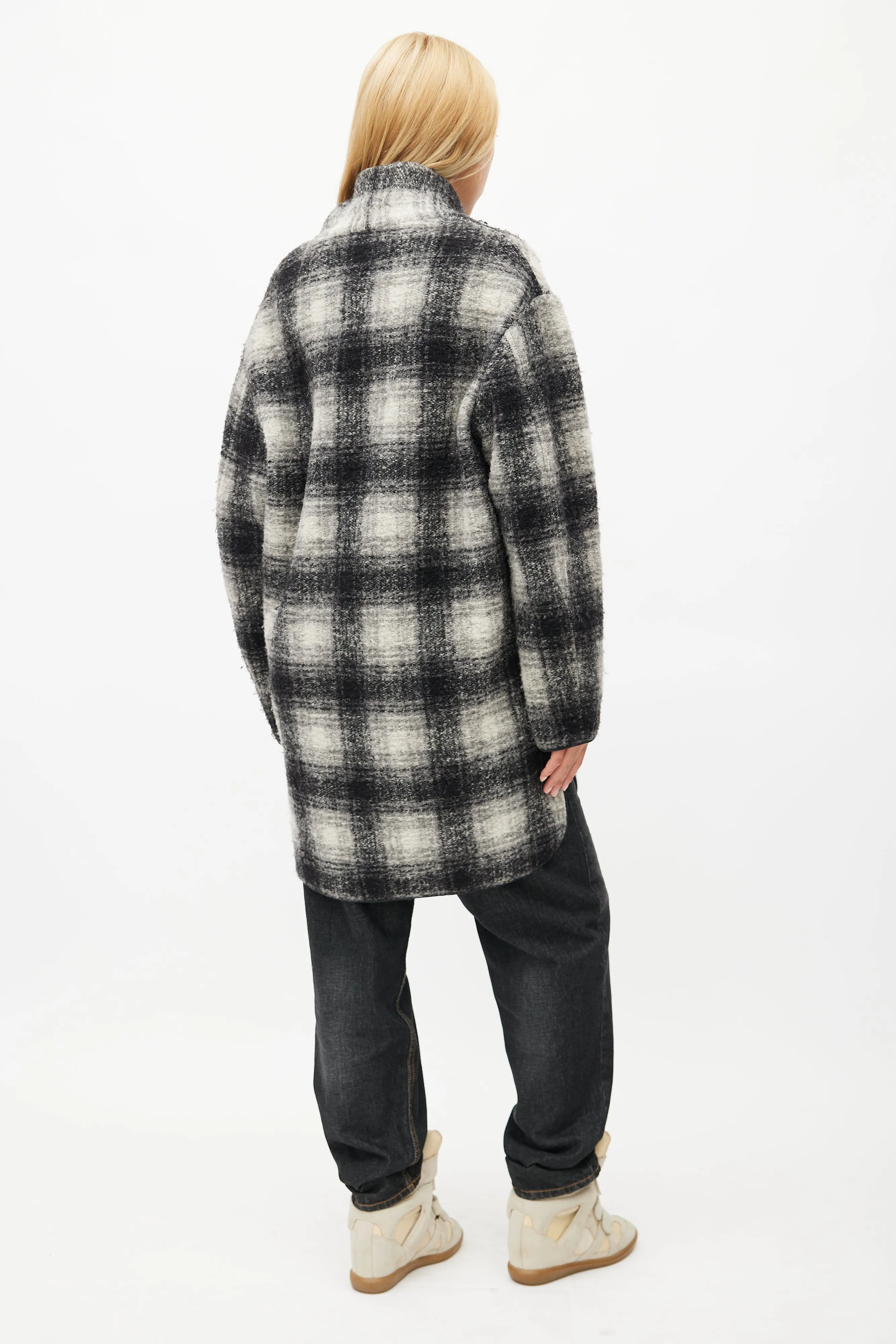 Black & White Plaid Wool Coat