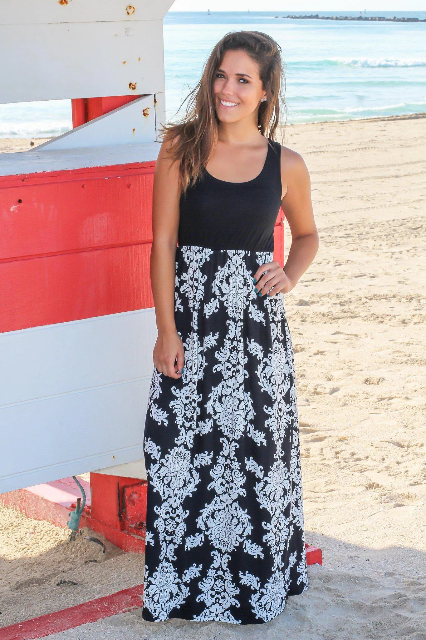 Black and White Printed Maxi Dress with Black Top