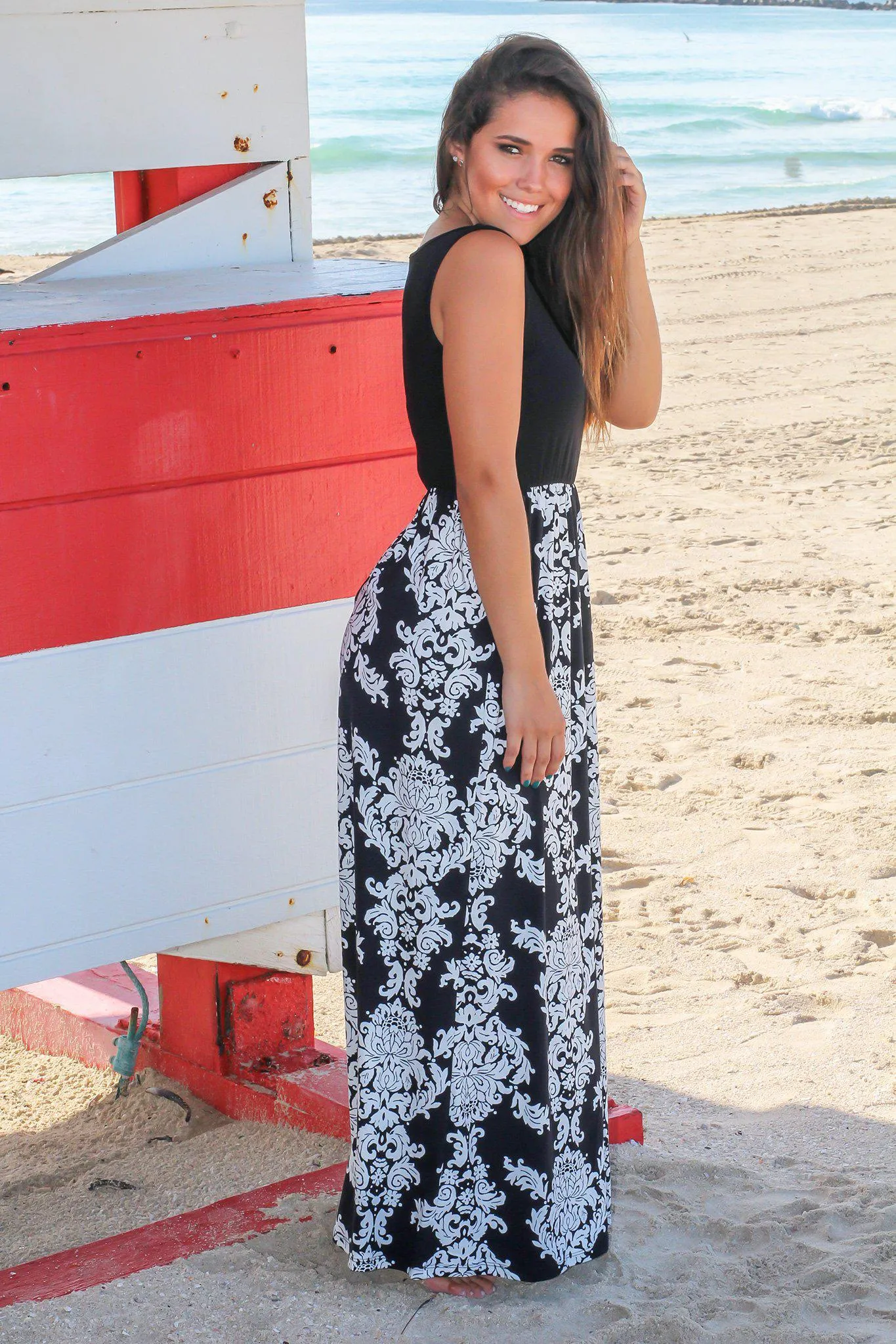 Black and White Printed Maxi Dress with Black Top