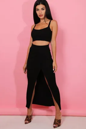 Black Knitted Crop Top High Split Maxi Skirt Set