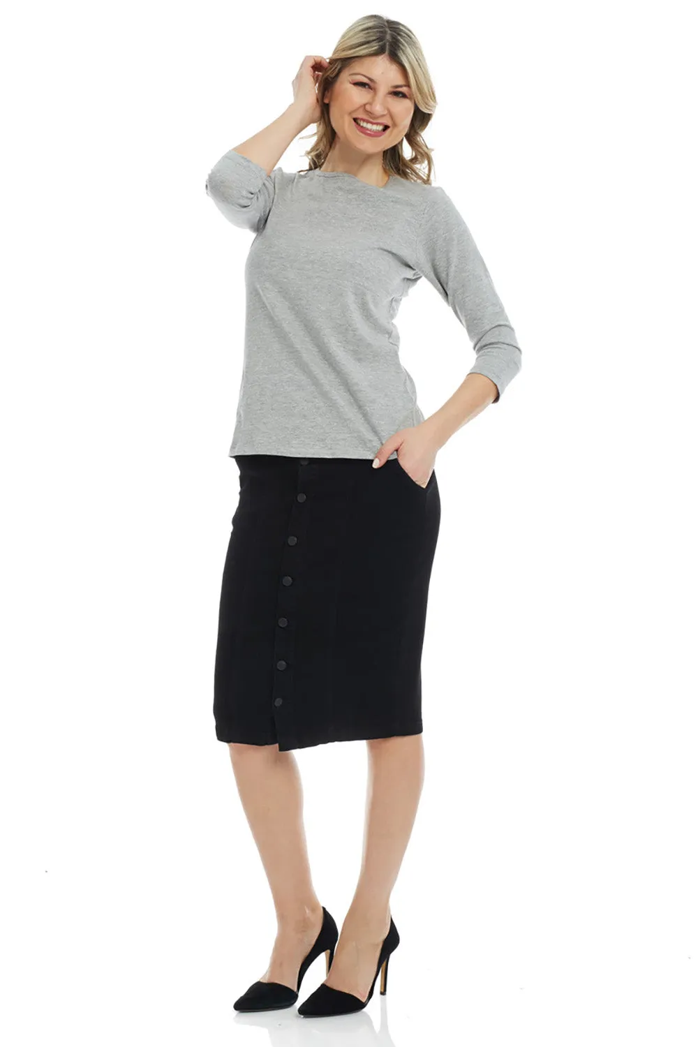 Black Modest Knee Length Denim Pencil Skirt 'Montreal'