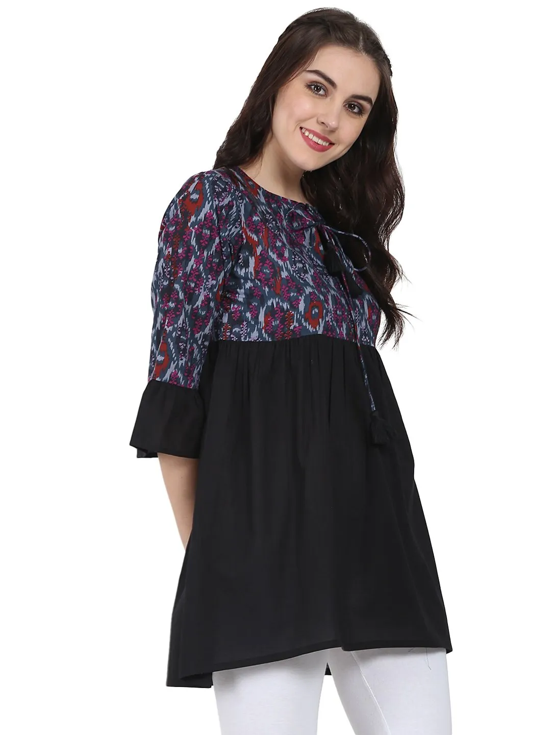 Black Printed 3/4Th Sleeve Cotton Tunic