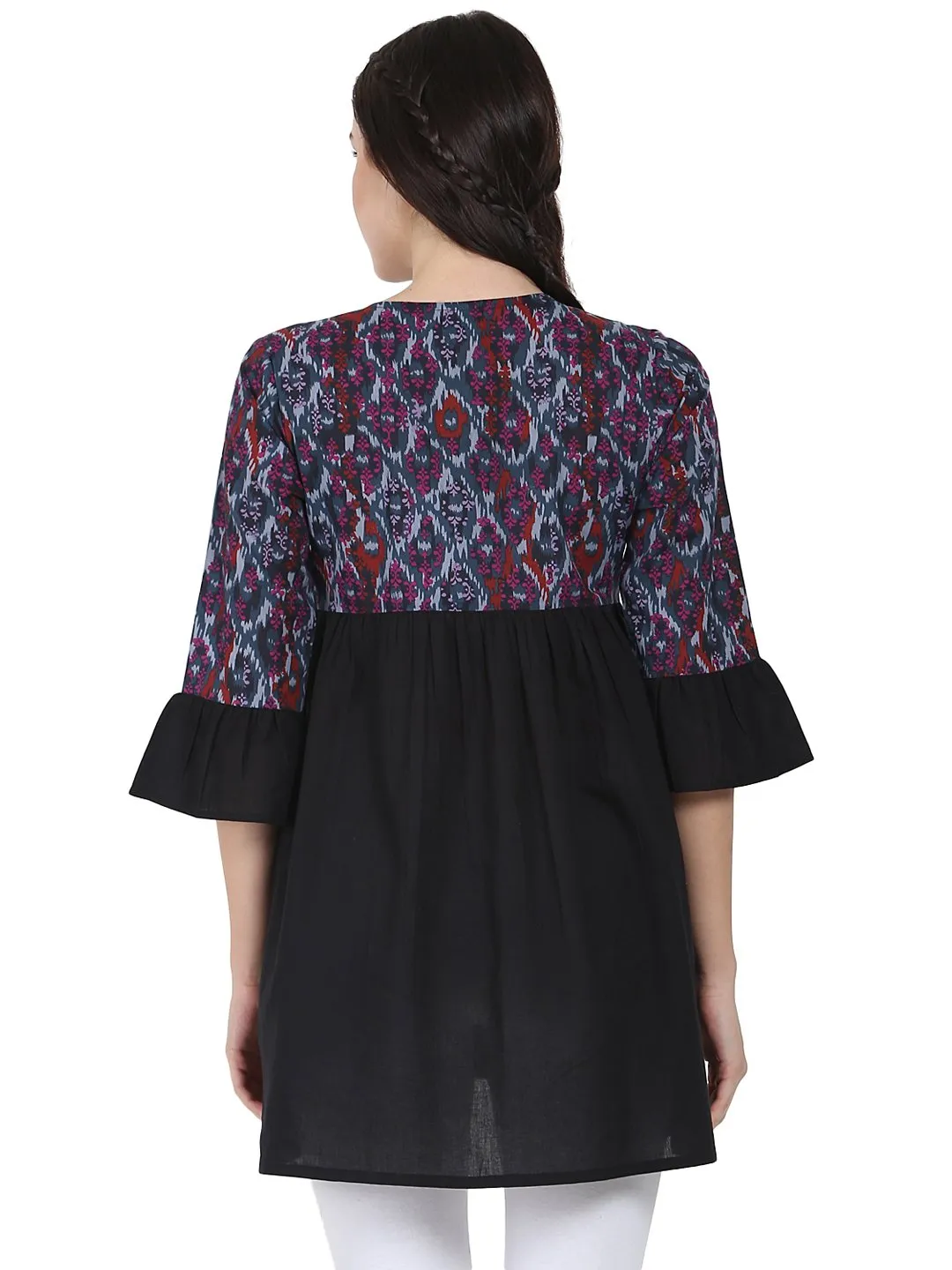 Black Printed 3/4Th Sleeve Cotton Tunic