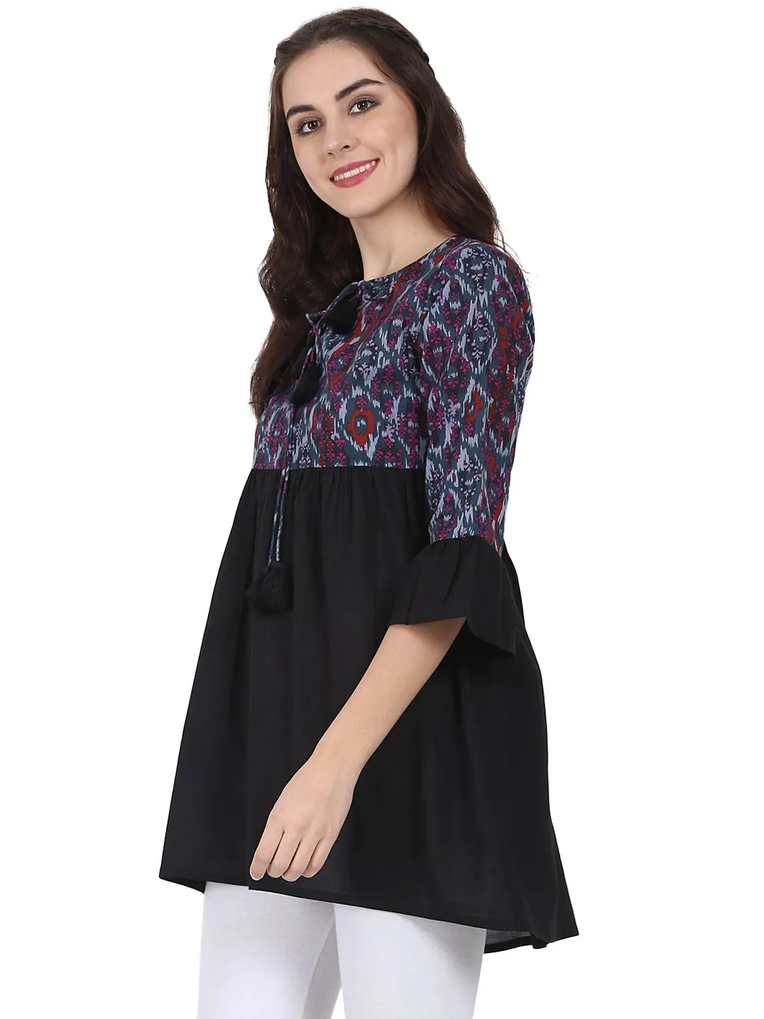 Black Printed 3/4Th Sleeve Cotton Tunic