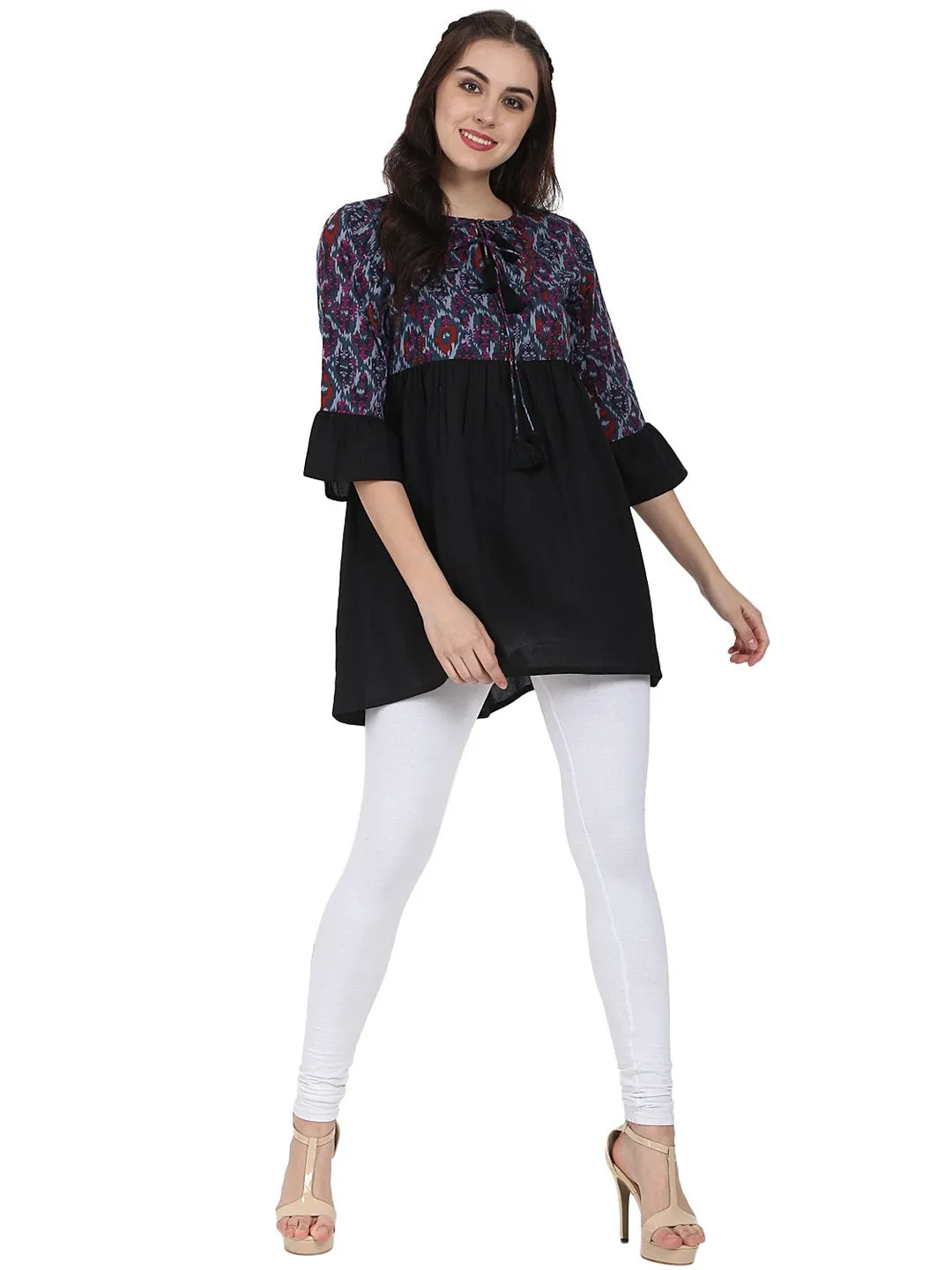 Black Printed 3/4Th Sleeve Cotton Tunic