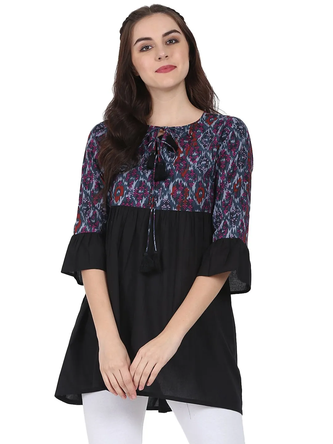 Black Printed 3/4Th Sleeve Cotton Tunic