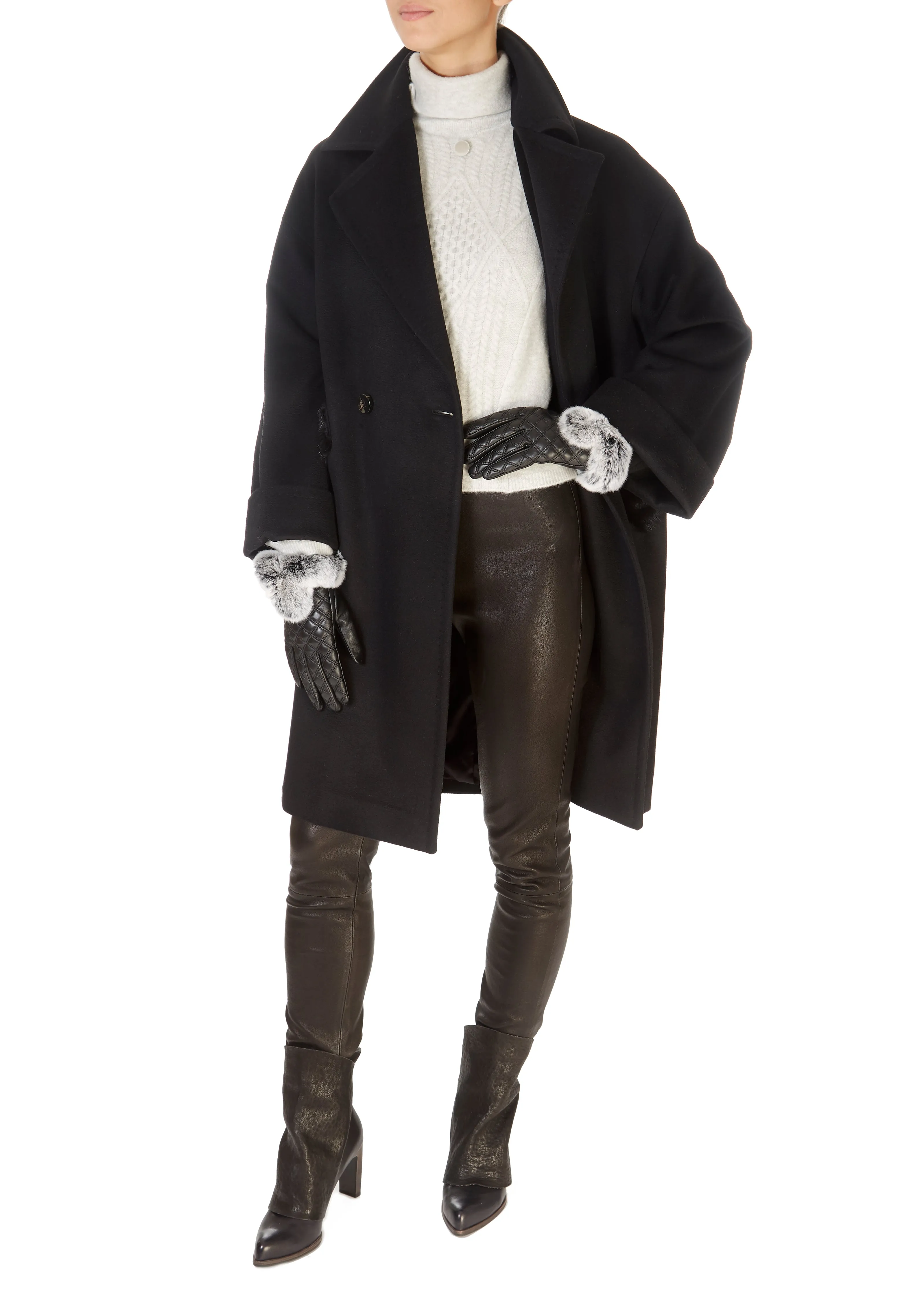 Black Wool Double Breasted Coat With Mink Trim