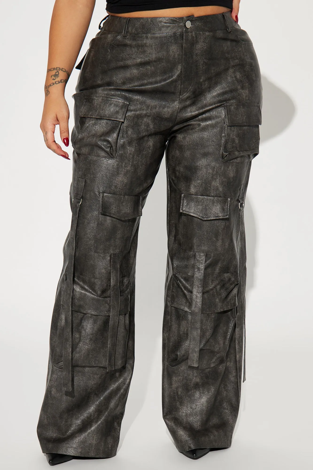 Blade Washed Faux Leather Cargo Pant - Charcoal