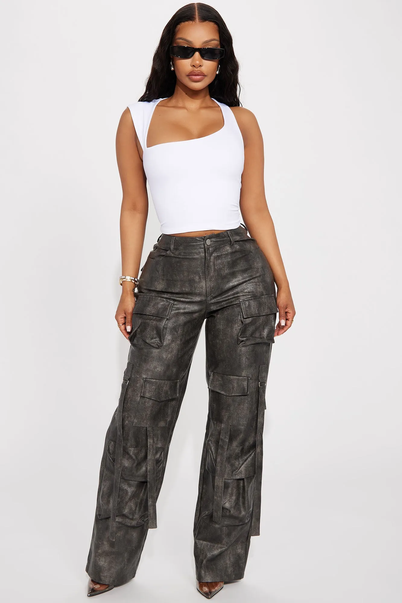 Blade Washed Faux Leather Cargo Pant - Charcoal