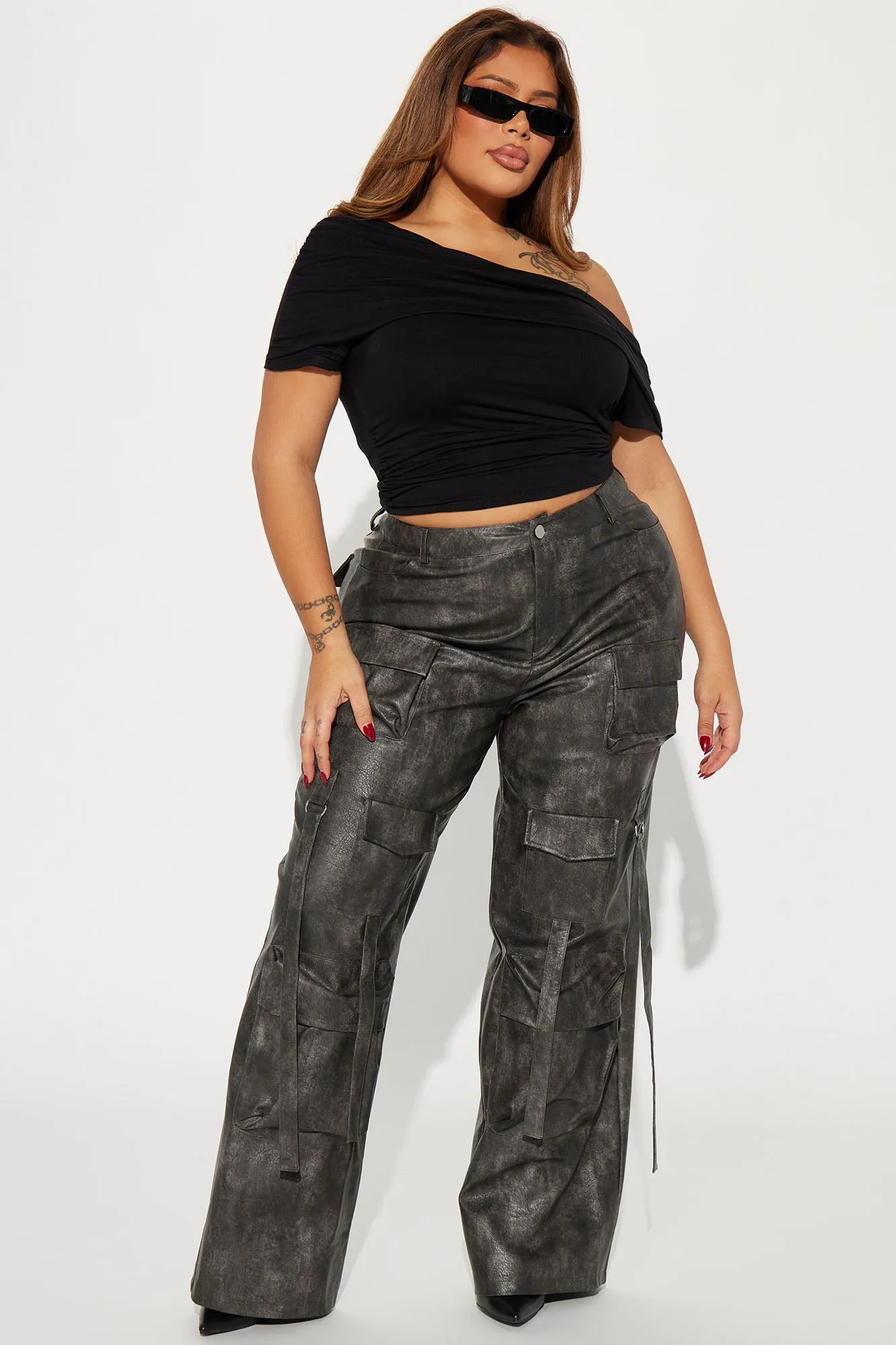 Blade Washed Faux Leather Cargo Pant - Charcoal