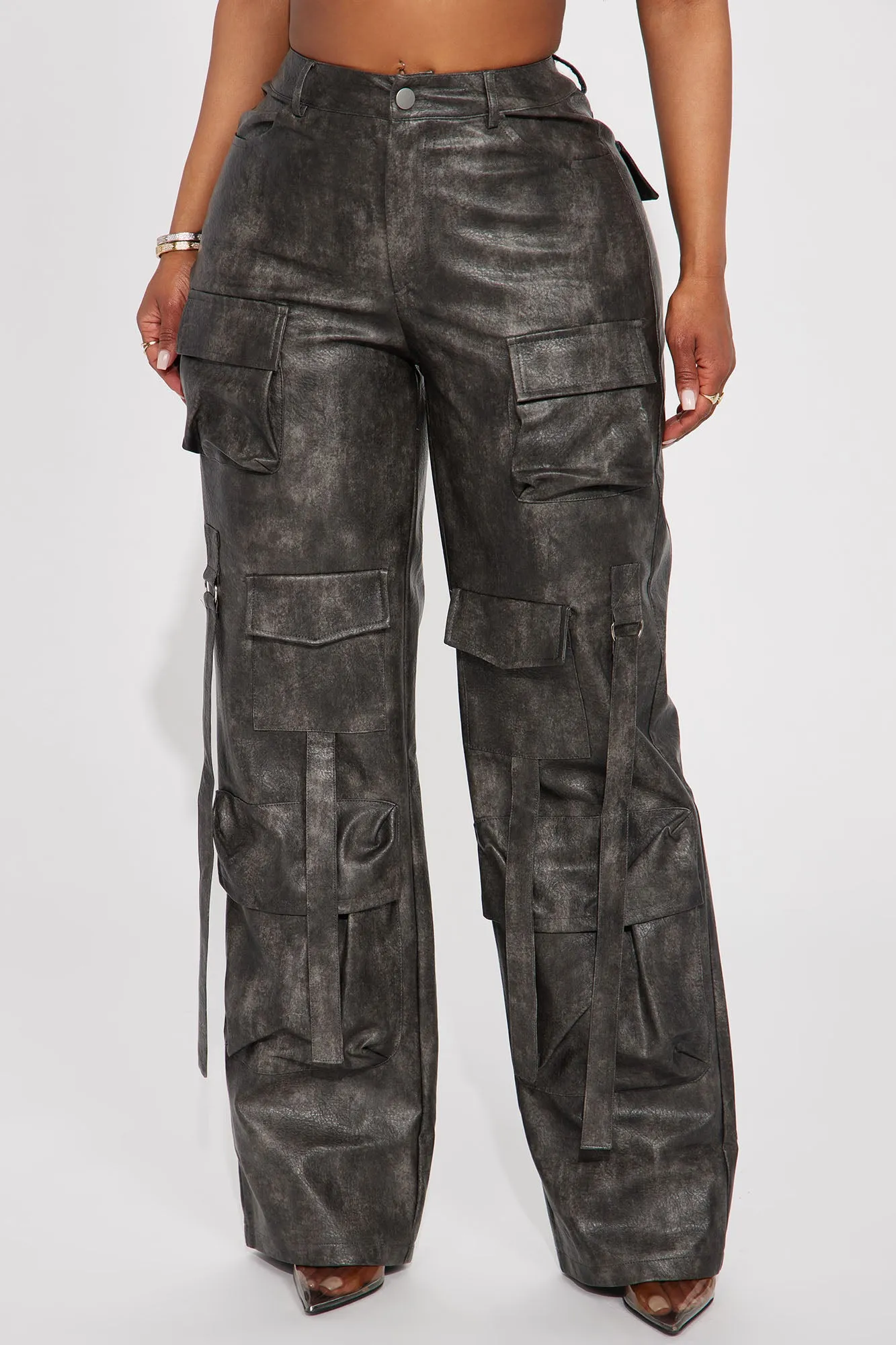 Blade Washed Faux Leather Cargo Pant - Charcoal