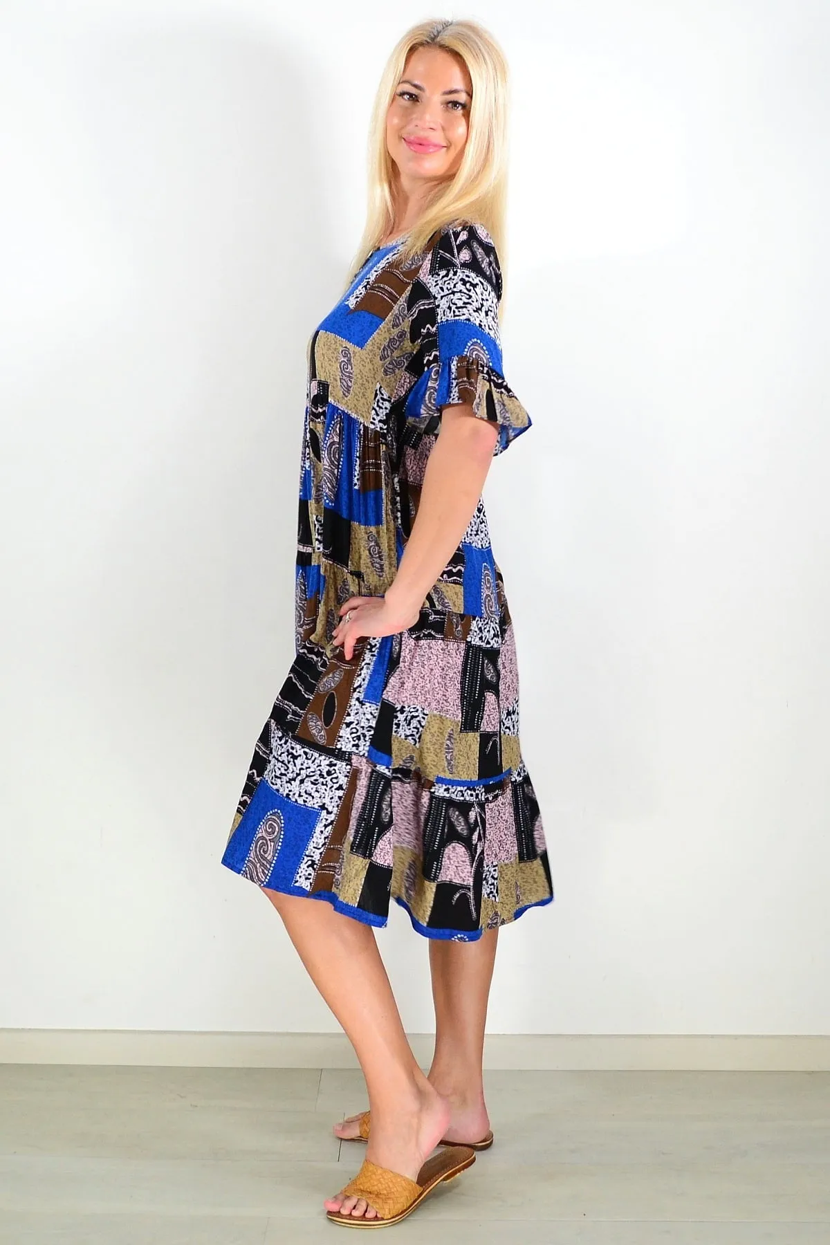 Blue Brown Squares Tunic Dress