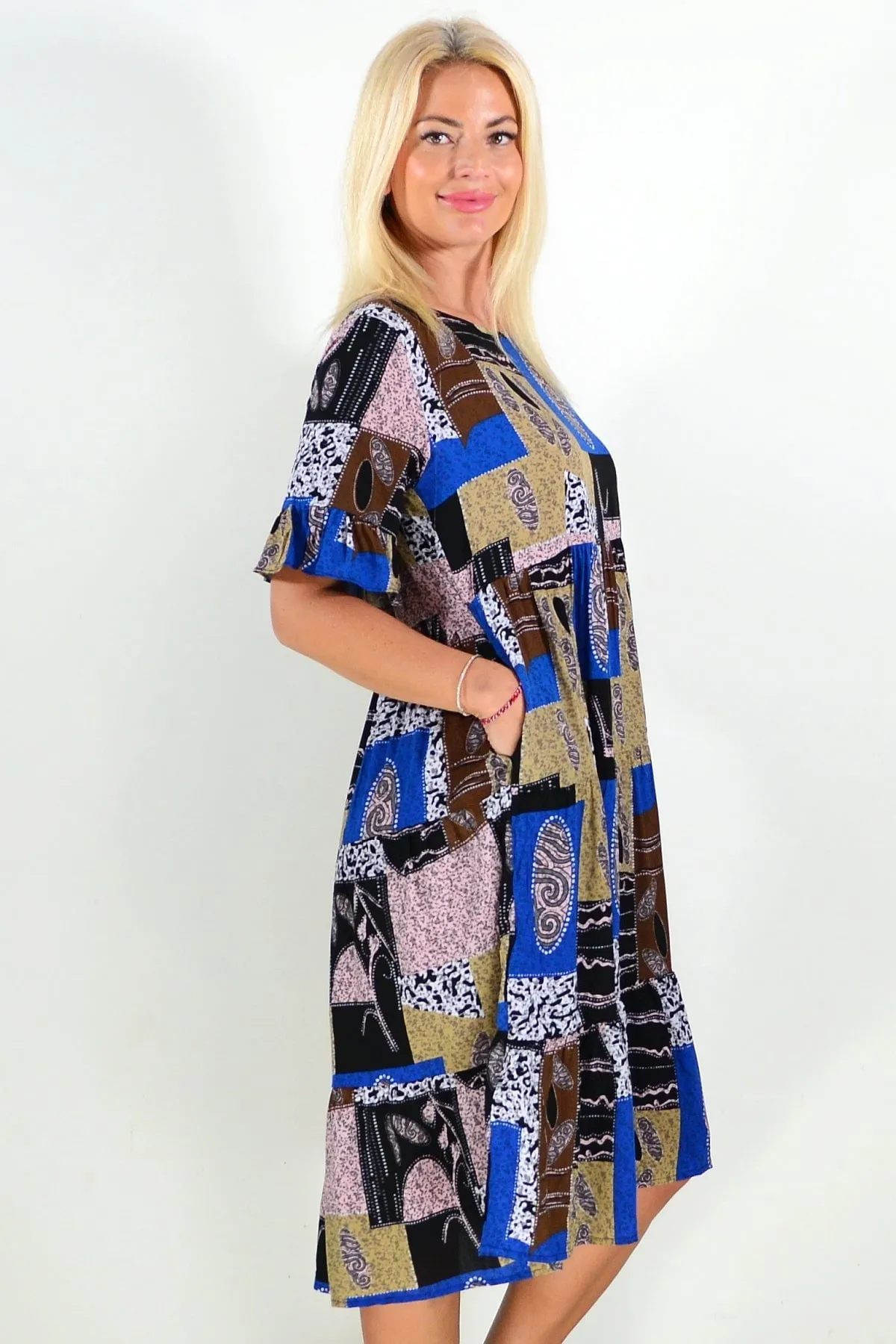 Blue Brown Squares Tunic Dress