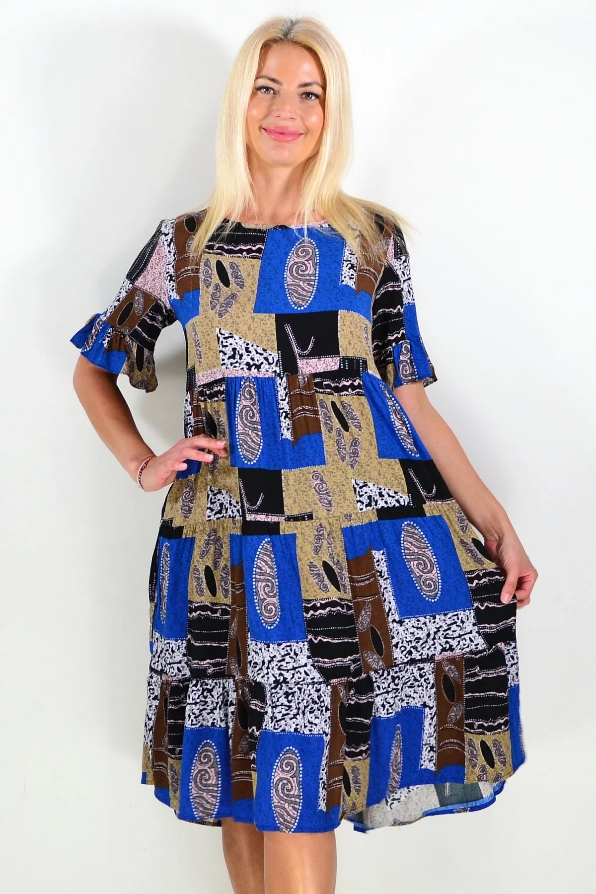 Blue Brown Squares Tunic Dress