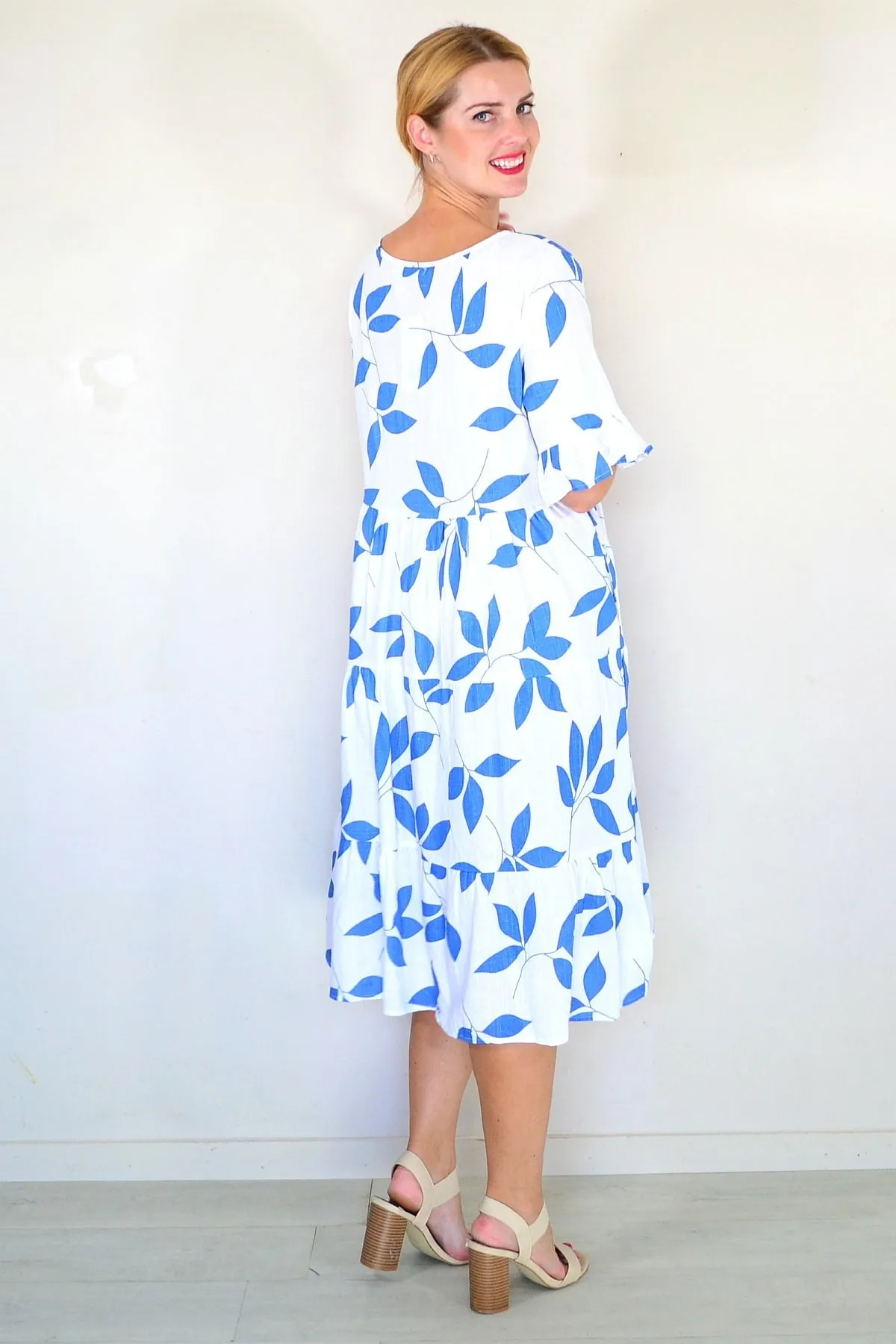 Blue Leaf Print Shift Tunic Dress