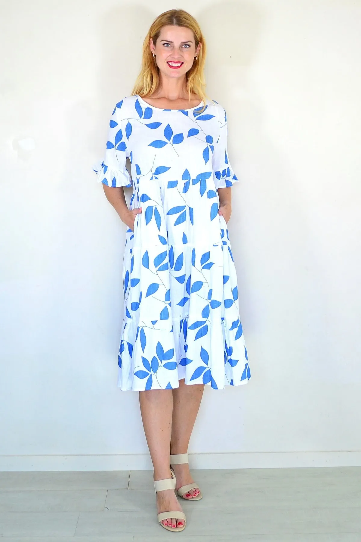 Blue Leaf Print Shift Tunic Dress