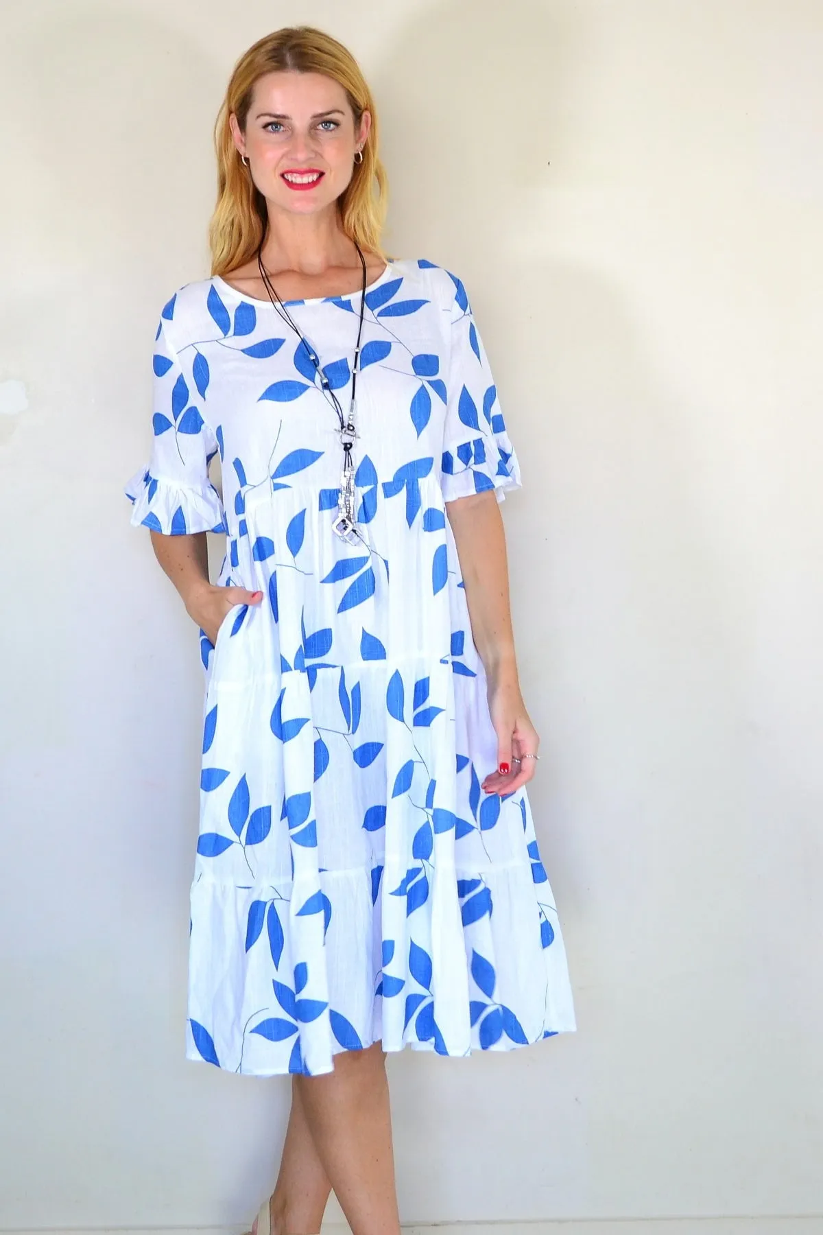 Blue Leaf Print Shift Tunic Dress