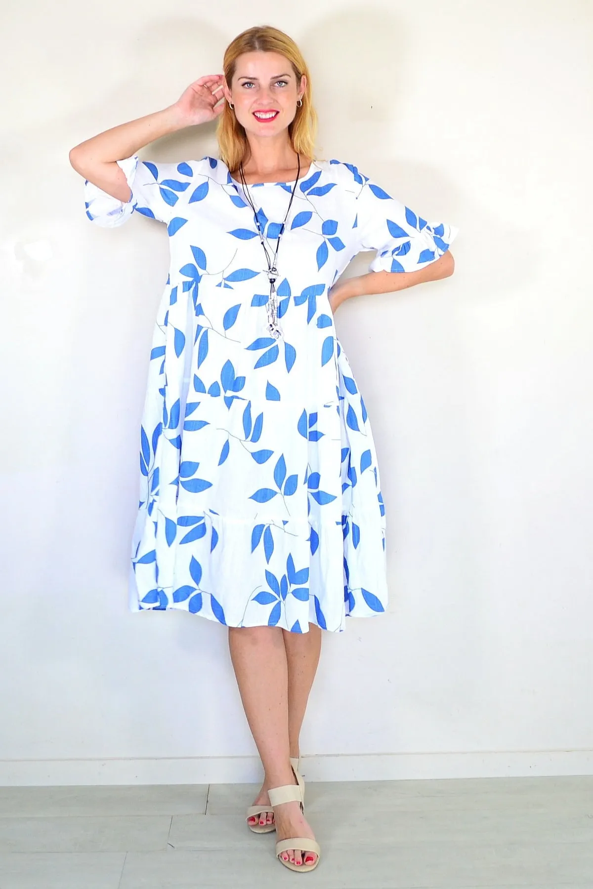 Blue Leaf Print Shift Tunic Dress