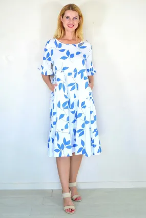 Blue Leaf Print Shift Tunic Dress