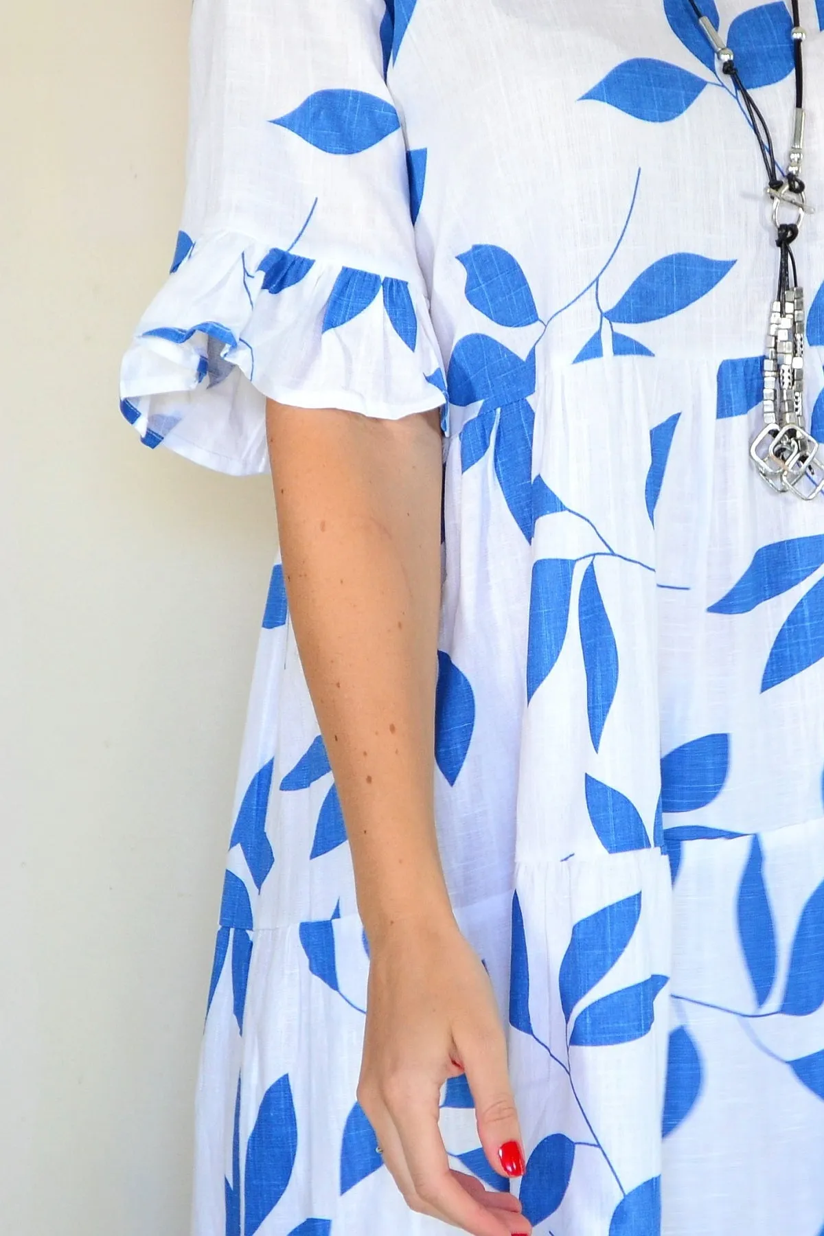 Blue Leaf Print Shift Tunic Dress