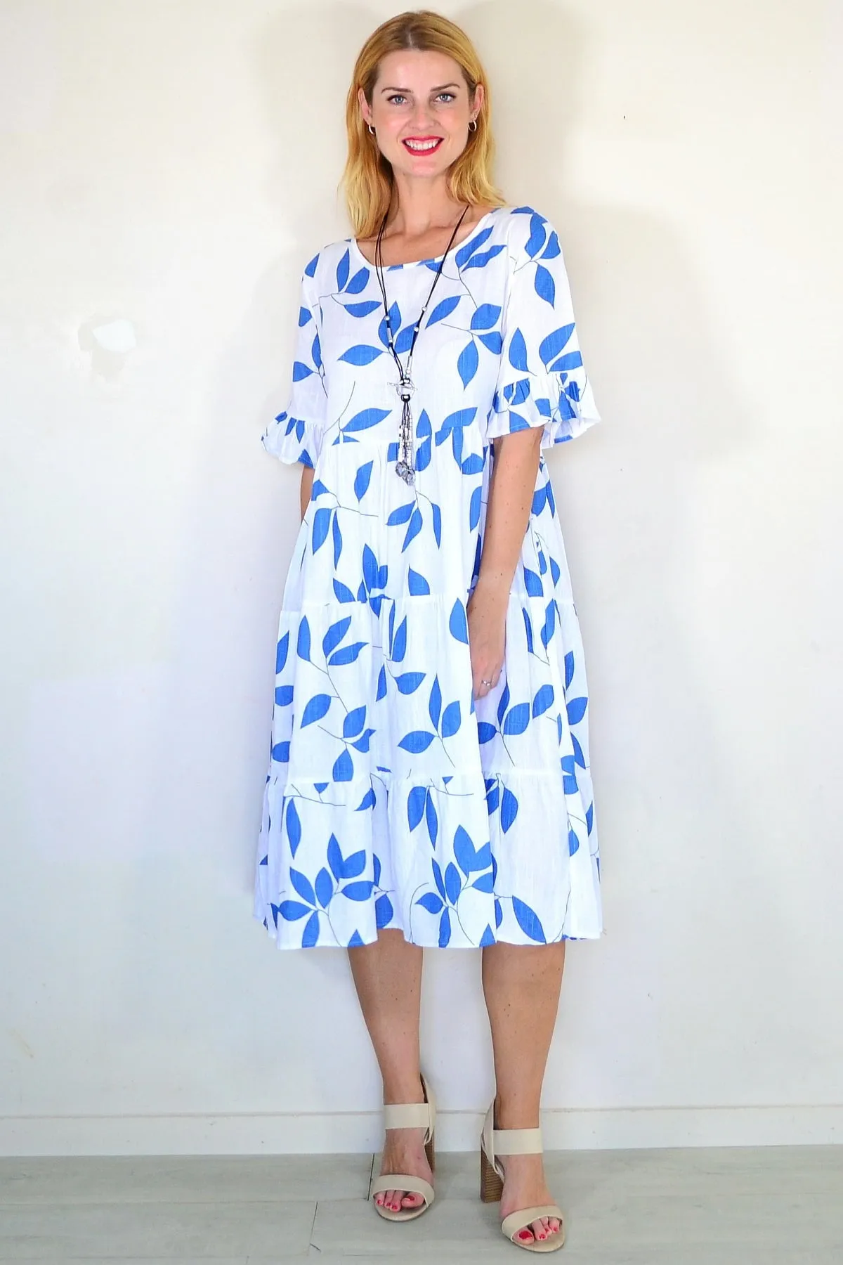 Blue Leaf Print Shift Tunic Dress