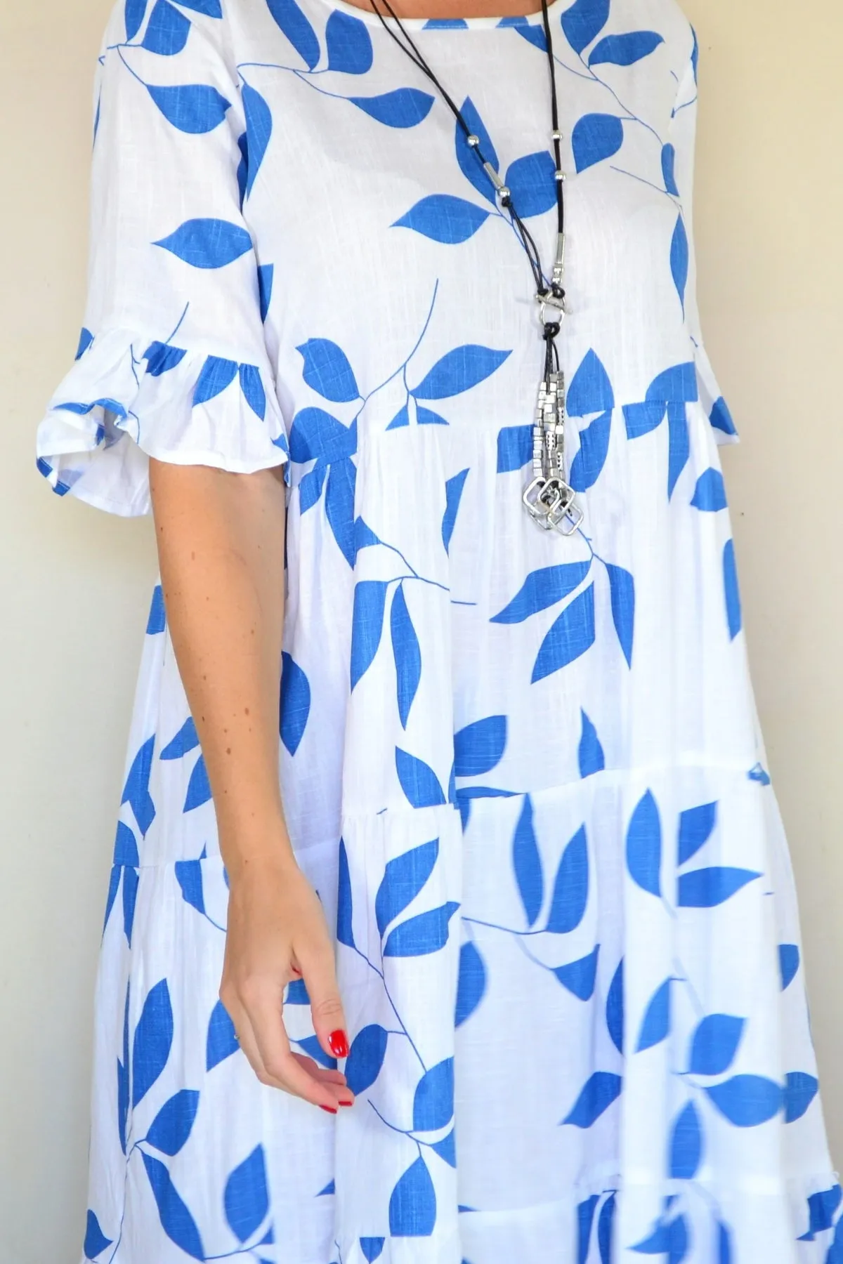 Blue Leaf Print Shift Tunic Dress