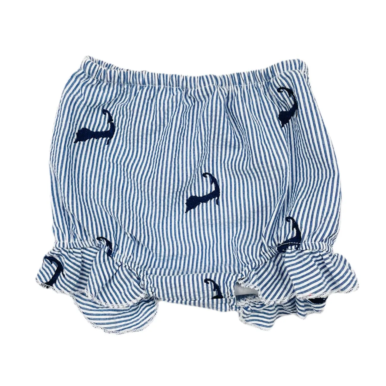 Blue Seersucker Baby Bloomers with Navy Embroidered Cape Cods