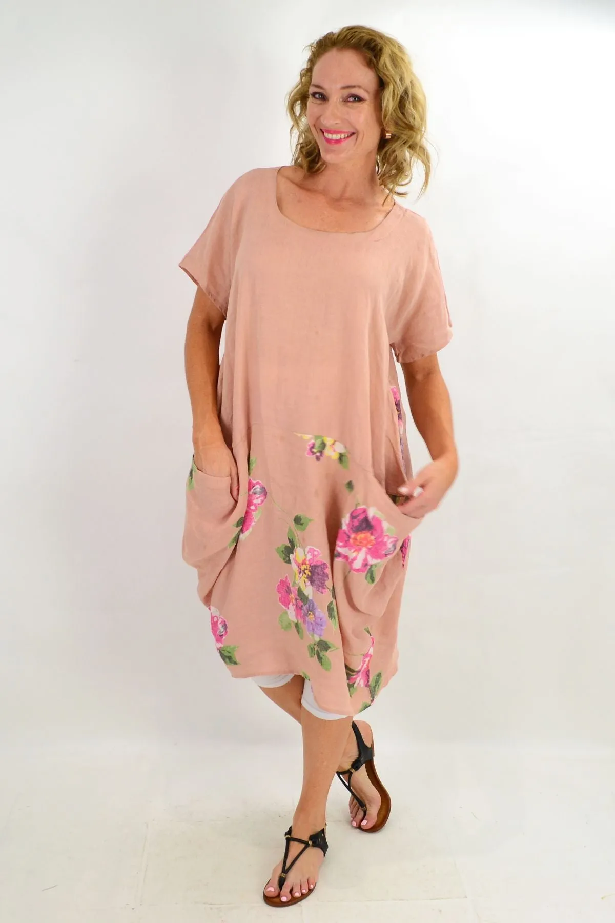 Blush Hibiscus Linen Tunic Dress